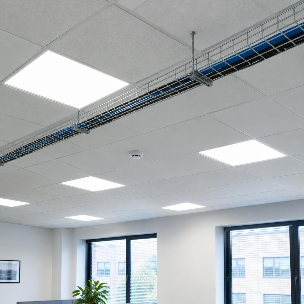Office ceiling with LED panel lights and cable tray