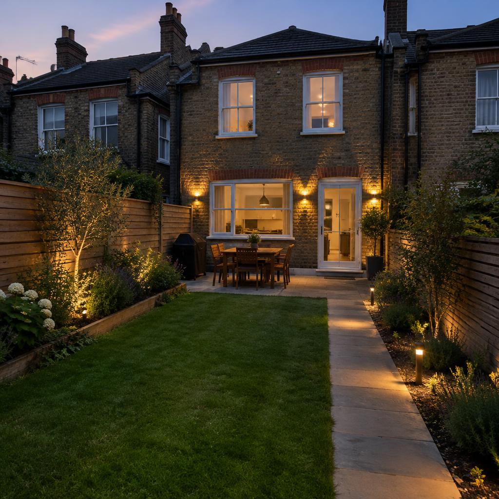Terraced house garden at dusk with wall lights and path lighting