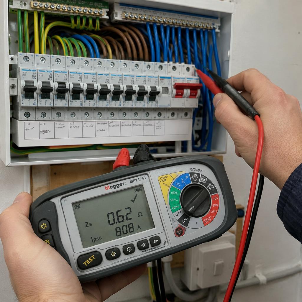 Multifunction tester being used on a consumer unit